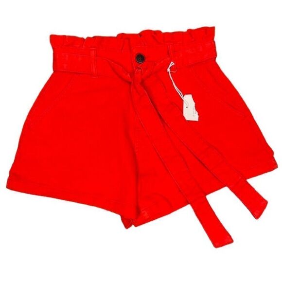 NWT LC Lauren Conrad High Rise Paper Bag Waist Bow Belt Red Shorts Size 0 - Picture 2 of 10
